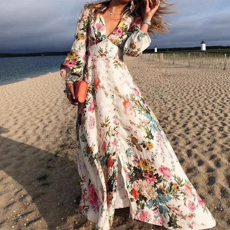 Deep V Long Sve impreso Dr 2025 temporada de primavera Thi tejido Cosite envoltura pecho Sle cintura media señoras Dr