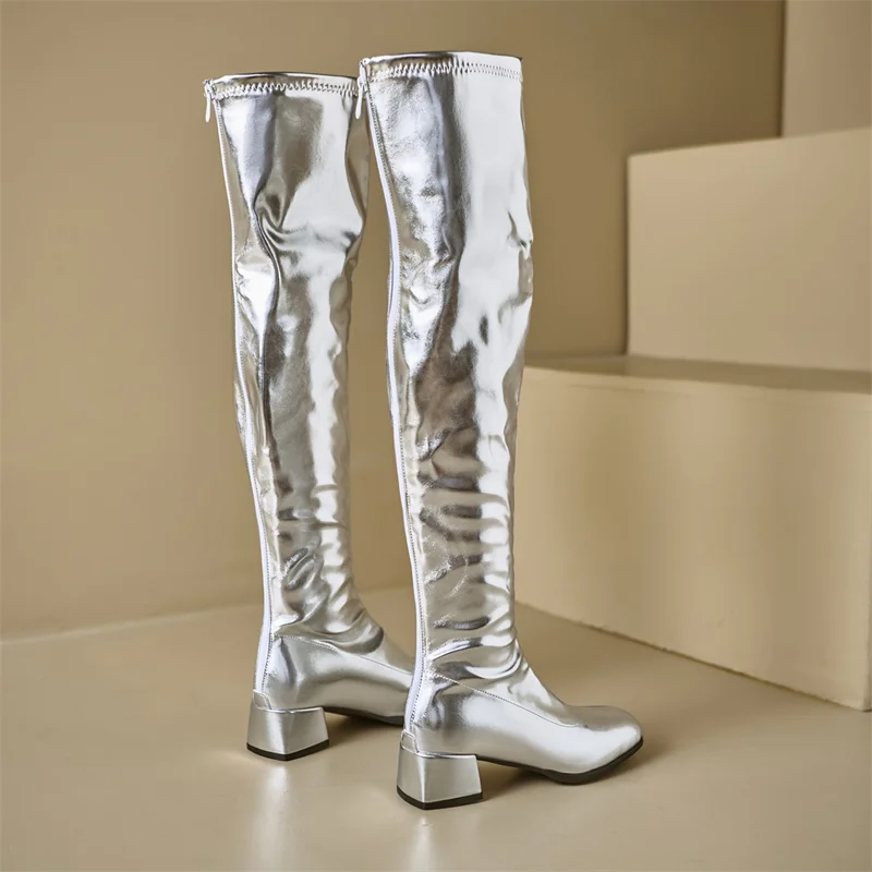 Winter Metal Silvery Ruched Women Over The Knee High Boots Block Heels 4.5cm Square Toe Back Zipper Ladies Pumps Party Shoes