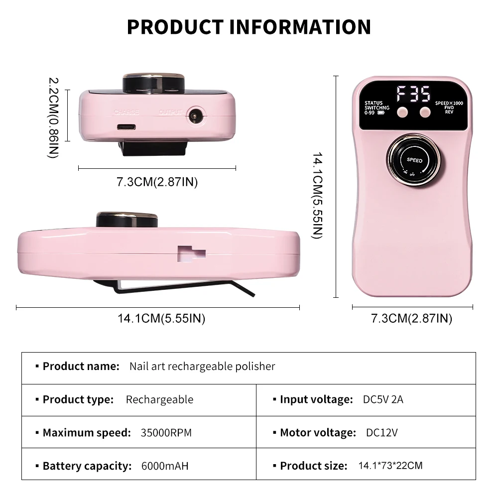 35000RPM Adjustable Speed Low Noise Nail Rig Cordless Portable Nail Polisher for Home Nail Salon Gel Nail Polish for Nail Salon