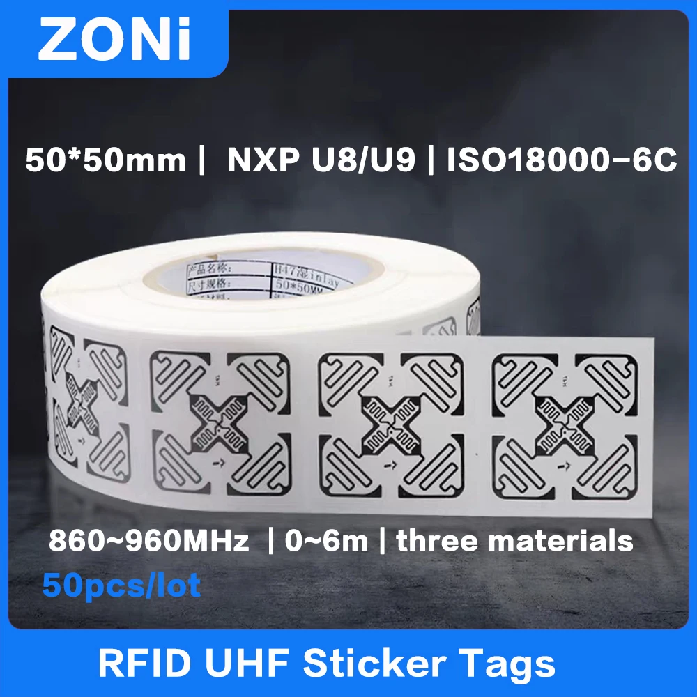 

50 шт. RFID UHF наклейка-тег 18000-6C 860-960 МГц NXP U8/U9 чип электронная этикетка 50x50 мм мокрая инкрустация 915 МГц высокое качество