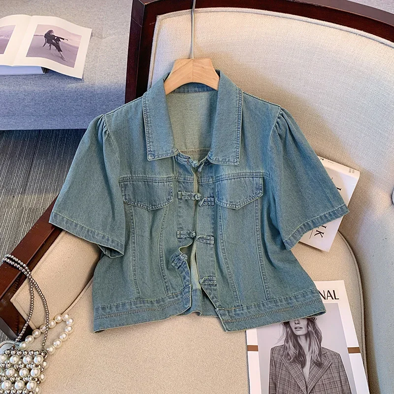 

Summer Light Blue Thin Short Denim Jacket Vintage Single-breasted Turndown Collar Irregular Hem Short Sleeve Women Jeans Jacket