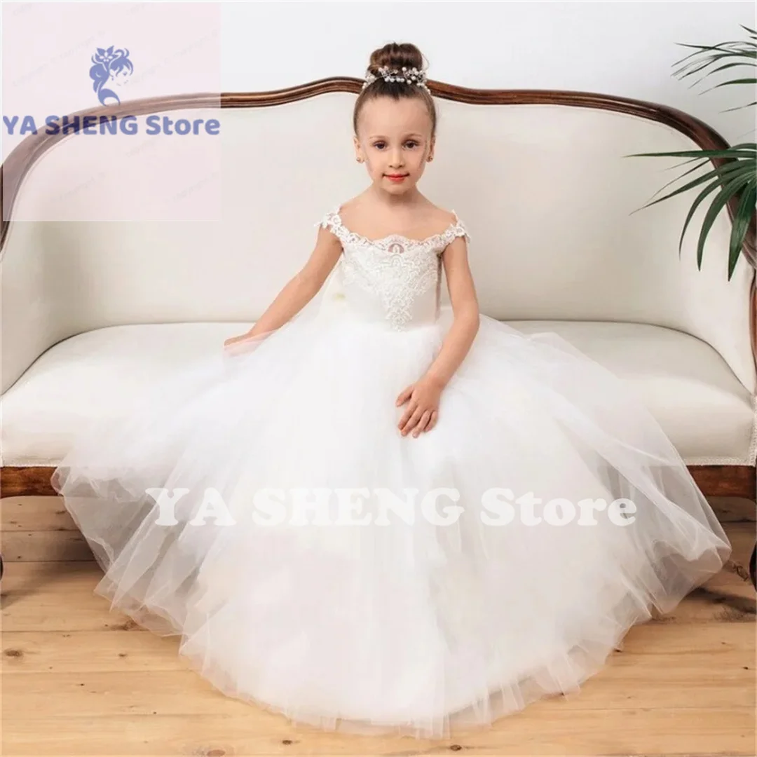 

White Flower Girl Dresses Tulle White Appliques With Tailing Sleeveless For Wedding Birthday Party Holy Communion Gowns