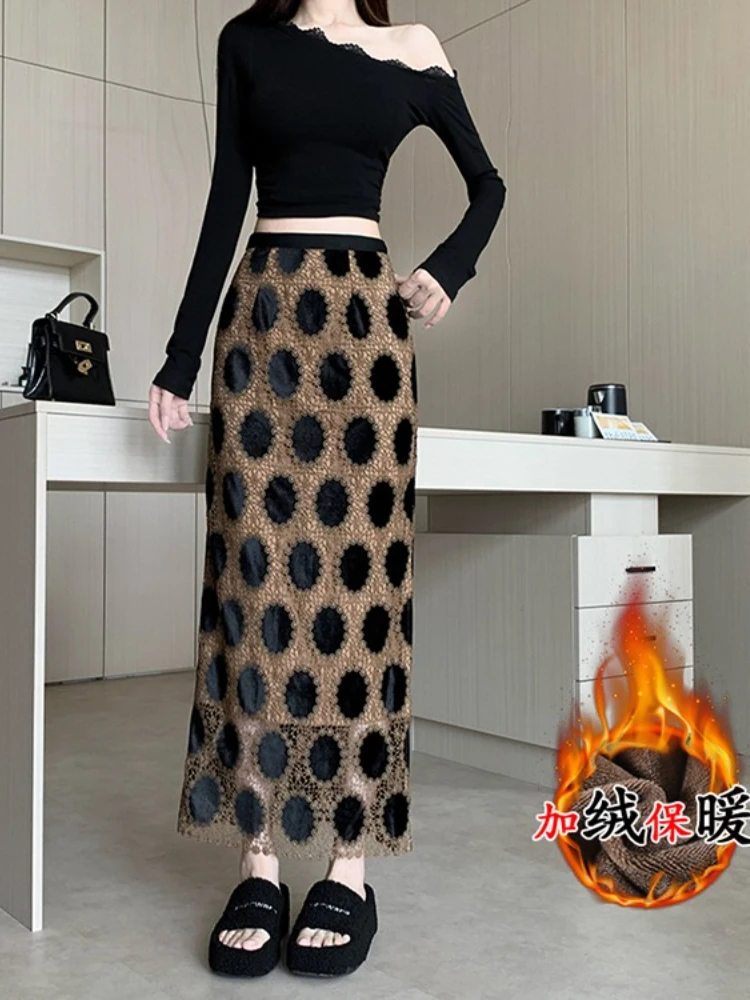 

Толстая бархатная полуюбка контрастного цвета, женская зимняя кружевная лоскутная юбка с разрезом по бокам и бедрами, обнимающая юбка