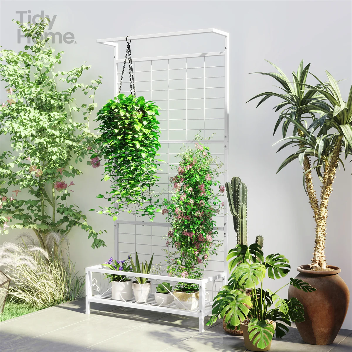 

Steel Plant Stand w/ Trellis, Pot Holder & Hanging Roof - Weatherproof Vertical Garden Decor for Climbing Plants, Flowers &Patio