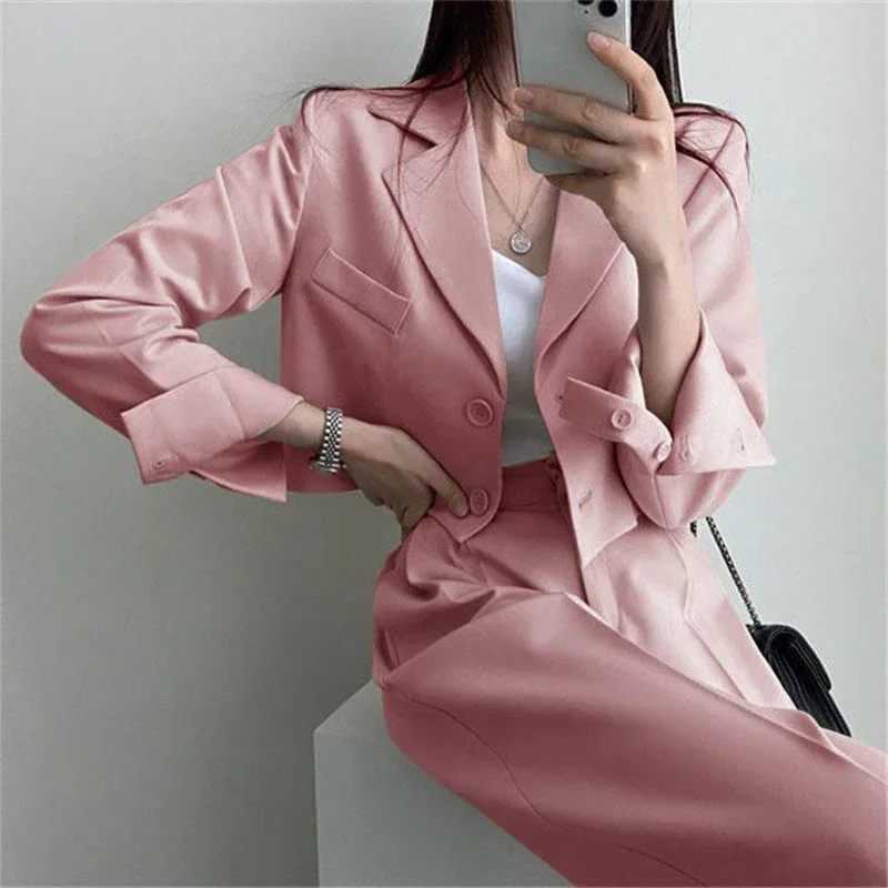 Cropped Suit Jacket Women Fashion Simple Long Sleeve Solid Elegant Korean Basic Outwear White Suit Blazer Button Tops Trousers