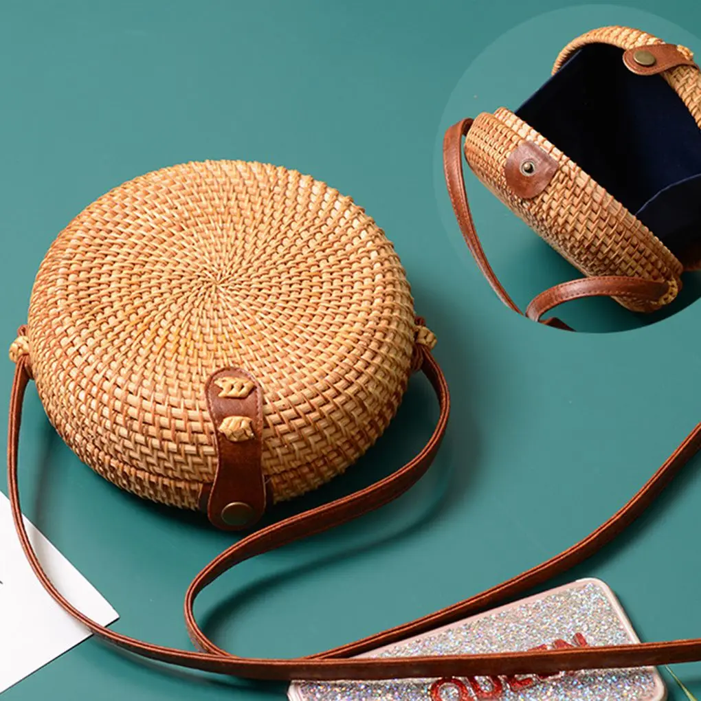 Women Summer Round Straw Bag Handmade Woven Handbags Female Rectangle Rattan Beach Shoulder Bag