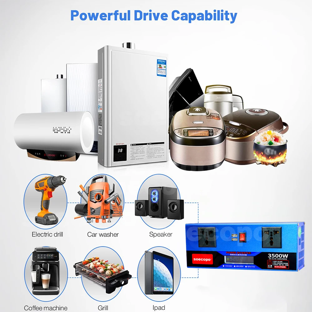 Smart Dual Voltage Inverter 3500W 12V/24V/48V/60V/72V to 220V/110V with Dual USB Ports and LCD Screen