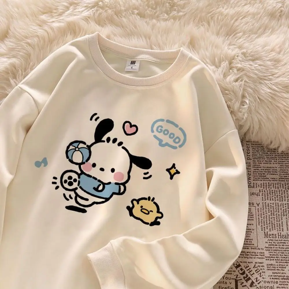 Kawaii Sanrio Pochacco Girls Fashion Sweatshirt Kids Cartoon Crew Neck Top Casual Long Sleeve Spring Autumn Children's Clothing