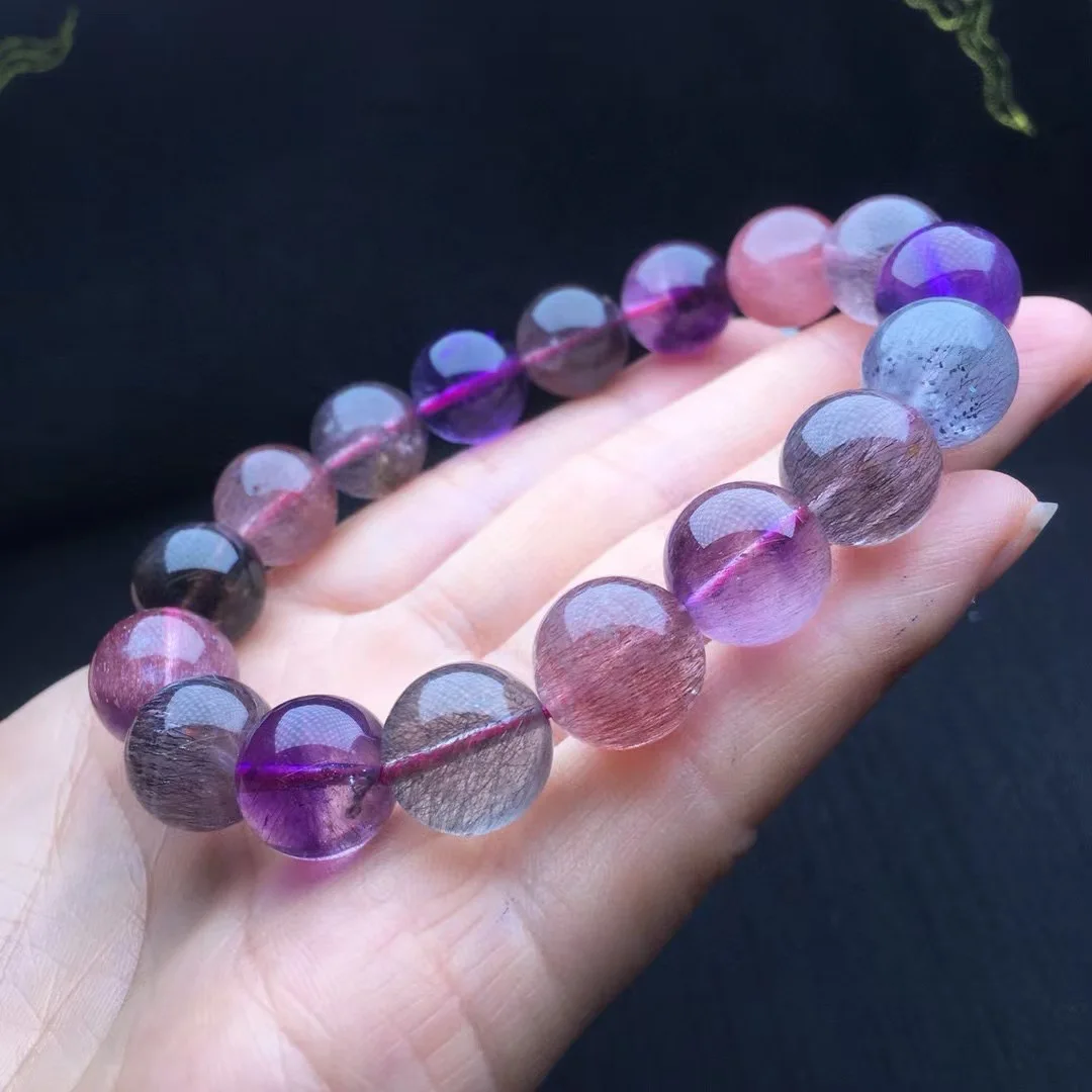 1 Pc Fengbaowu Natural Purple Rutilated Quartz Super 7 Bracelet Round Beads Crystal Healing Stone Fashion Jewelry Gift Women Men