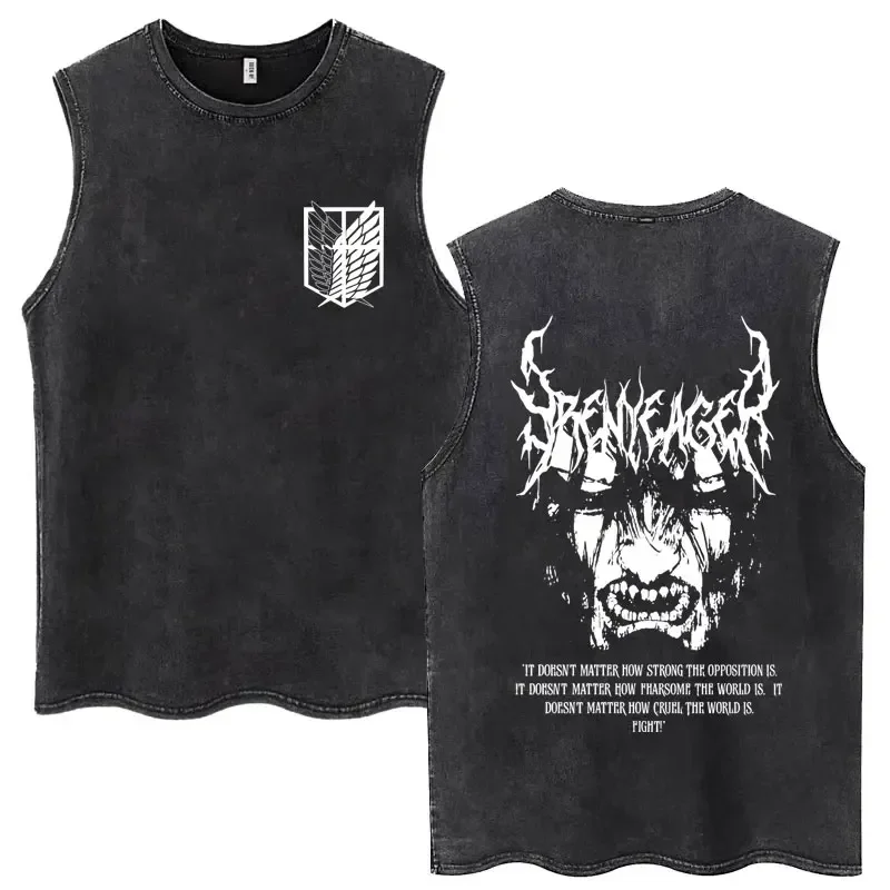 Customization Anime Attack On Titan Eren Jaeger Graphic Vintage Washed Tank Tops Men Manga Oversized Sleeveless T Shirt Men's Fa