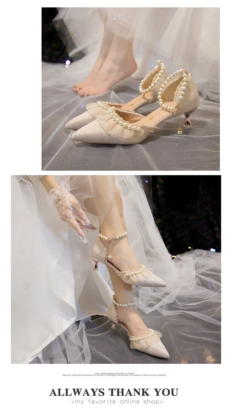 Weiße Hochzeitsschuhe für Damen 2026 Sommer Luxus Seide Perlen Knöchelriemen High Heels Pumps Spitze Damenschuhe mit Absatz – Detail 12