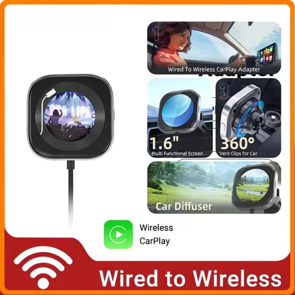 2 in 1 Carplay Wired to Wireless Android Auto Adapter DIY Display Screen Plug&Play Smart Box Aroma Clip on Car Vent for OEM Cars