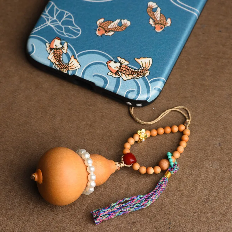 Gourd Mobile Phone Hanging With Olive Core Pearl Shell Sandalwood Hand-woven Pendant Key Chain Play Bag Hanging Accessory