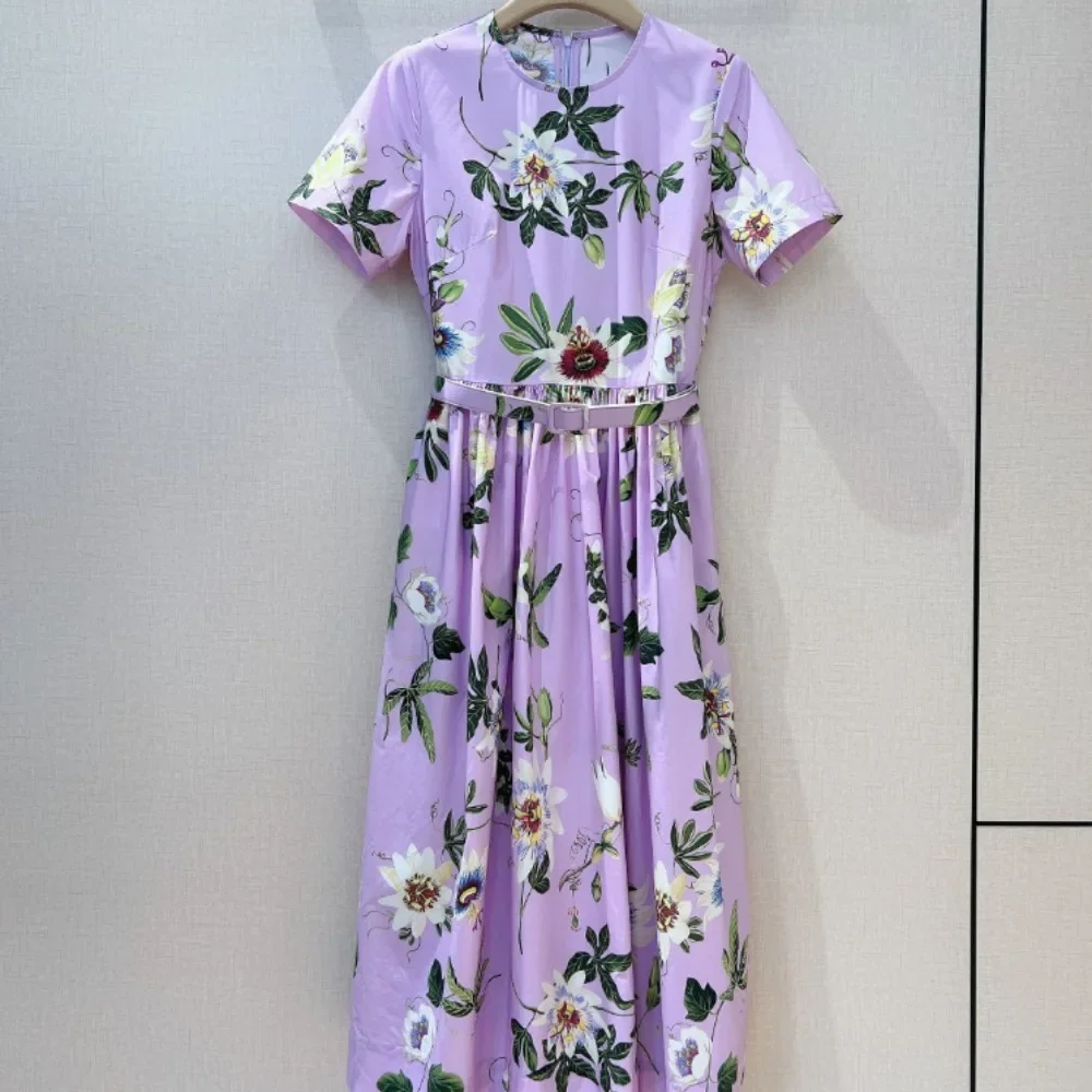 

2024 Top Quality Purple White Floral Print Short Sleeve A-line Midi Vintage Dress for Holiday Women Spring Summer