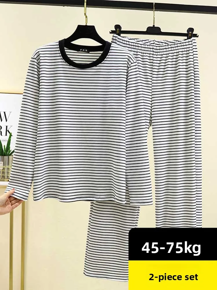 

Double-Sided Fleece Striped Home Clothes round Neck Long Sleeve Sleepwear Pants plus Size Slimming Casual Set for Women