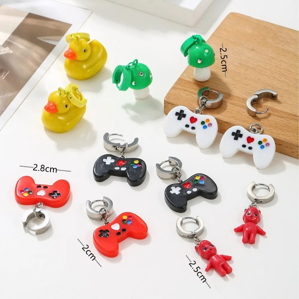 1pair Kiddy Cute Duck Mushroom Earrings Resin Colored Game Console Handle Little Red Earrings Jewelry