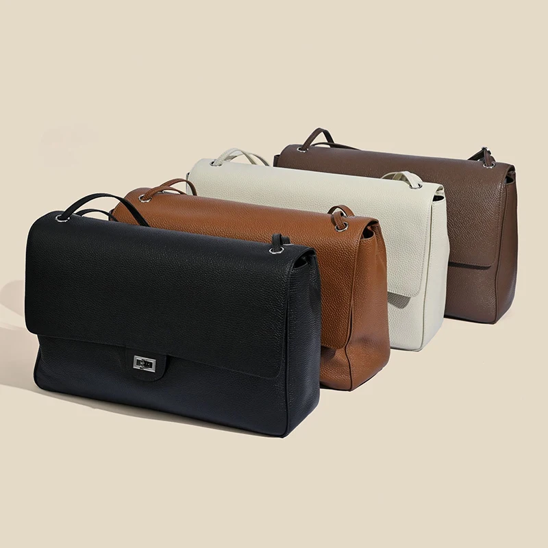 Genuine Leather Flap Shoulder Bag for Women with Silver Buckle