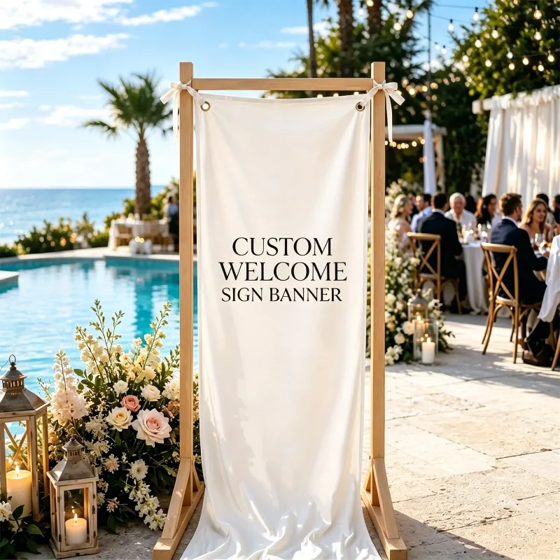1pc Custom Welcome Banner, Top with 2 Grommets, Easy to Hang. Banner with White Ribbon, for Party, Birthday, Wedding Decor
