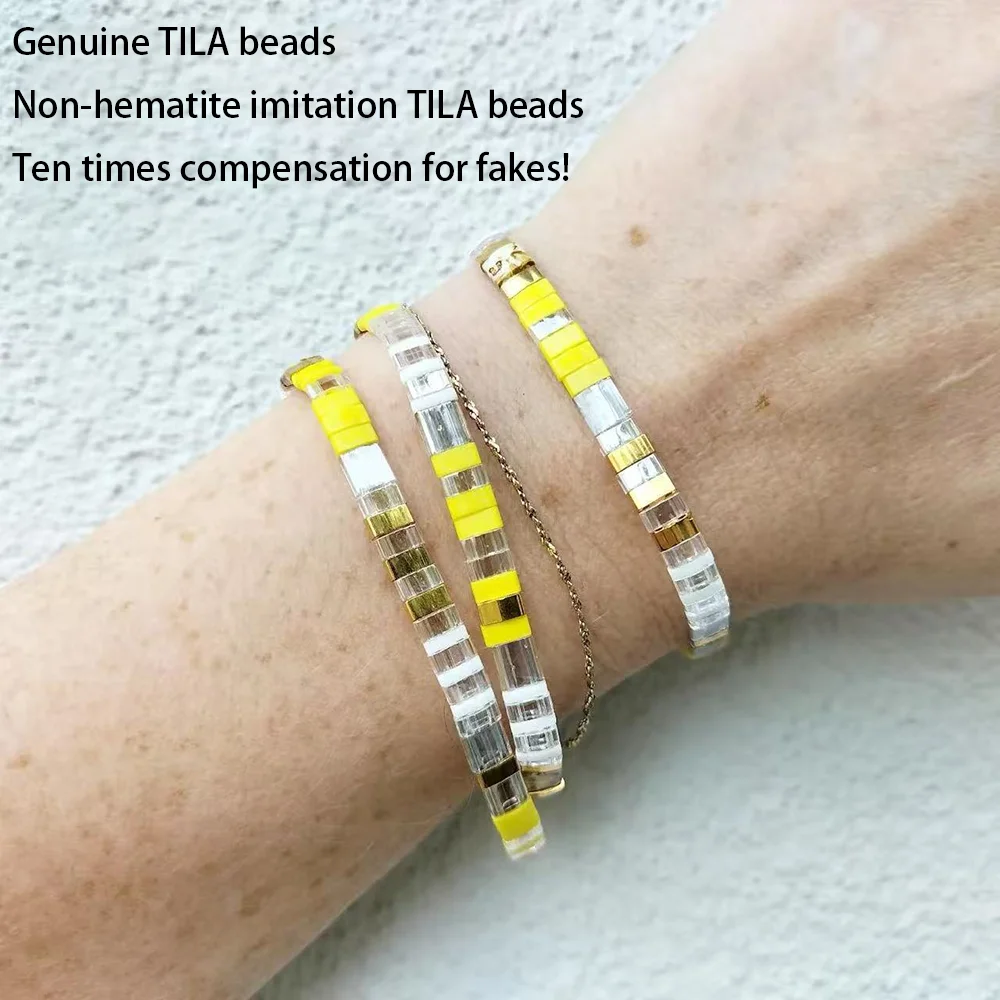 New Bohemian Summer Yellow Tila Bracelet Imported from Japan, Miyuki Bracelet for Multi-Layered Wear