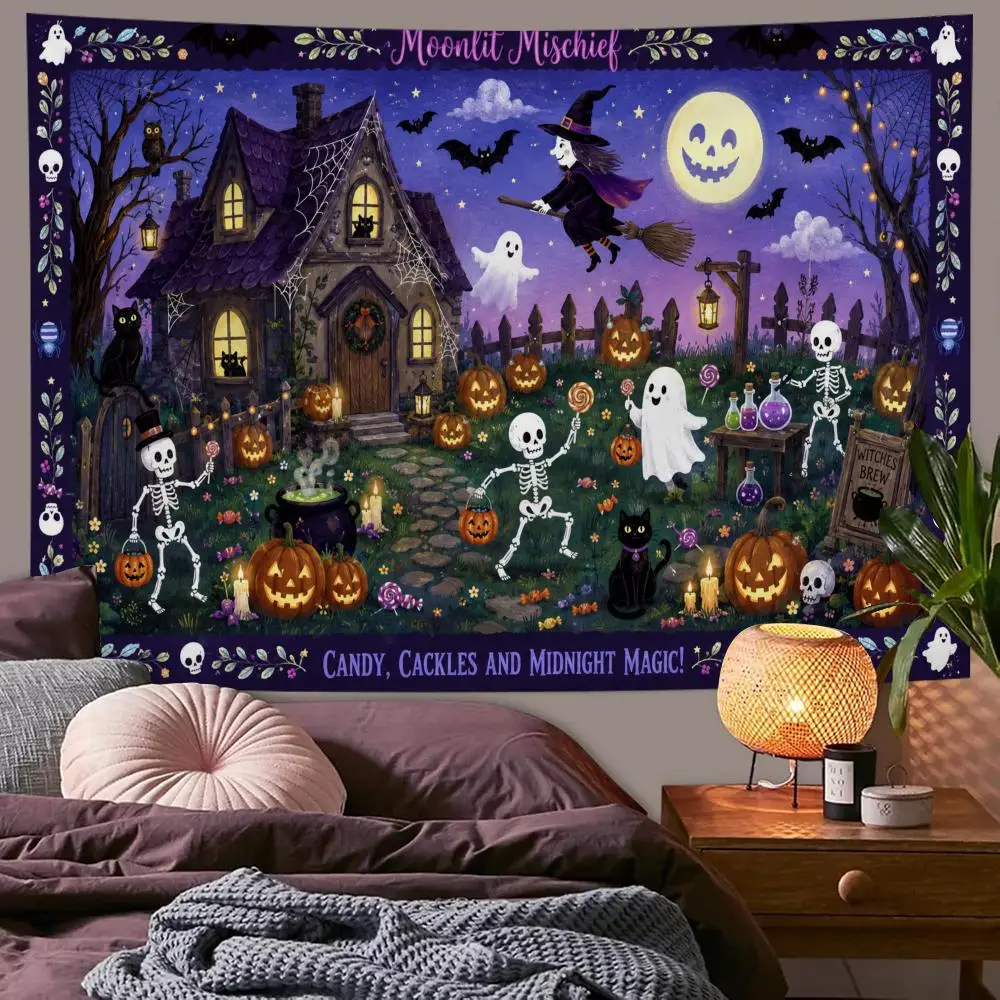 Boo Crew Halloween Cat Pumpkin Tapestry Custom Living Bedroom Party Dormitory Interior Wall Bohemian Decoration Attached Clip