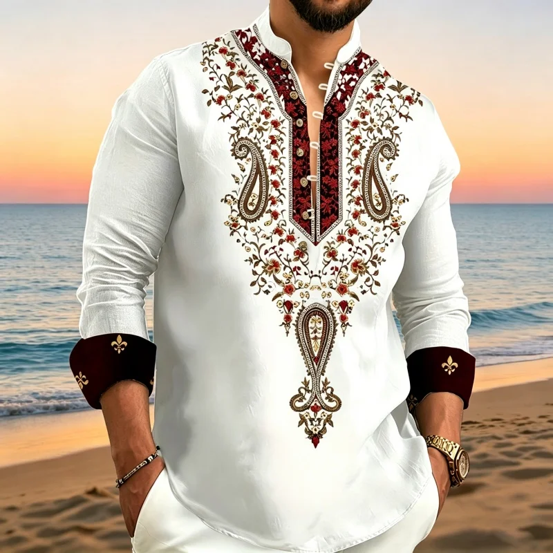 2026 New Men's Shirt with Gold Cashew Flower Print Stand Up Collar Shirt, Men's Casual Business Versatile Vacation Style Top