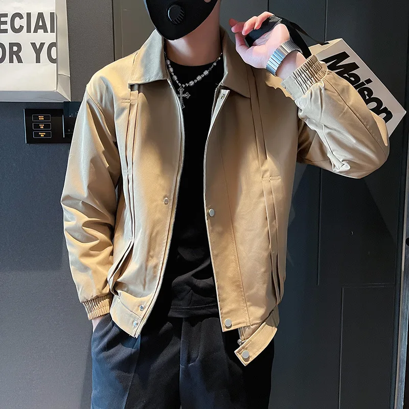 Jaquetas masculinas com zíper, casacos com gola virada para baixo, jaquetas bomber masculinas soltas, casuais, monocromáticas, primavera, outono