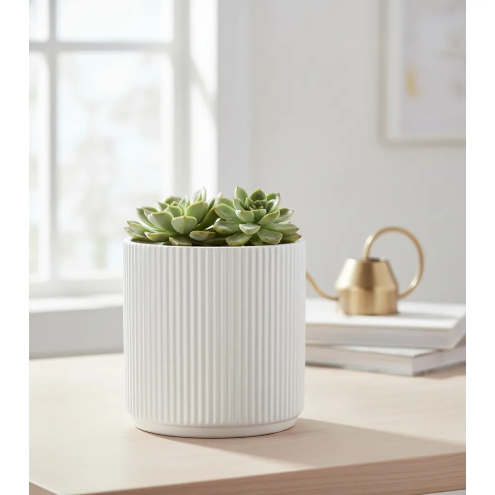 

8-Inch White Fluted Ceramic Planter with Drainage Hole for Succulents Herbs Flowers Indoor Outdoor Home Garden Decor