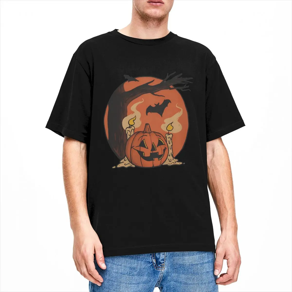 Vintage Pumpkin Scene Halloween Classic T-Shirt Men Fashion Pure Cotton Tees Crewneck Short Sleeve T Shirt Gift Idea Clothes