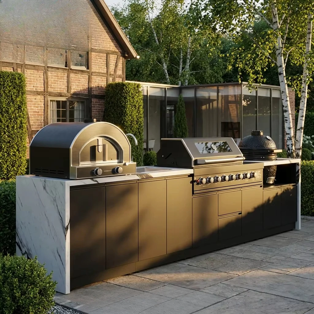 Custom Modern 304 Stainless Steel Outdoor Kitchen Cabinet Modular Weatherproof Three Drawer Sink Set for BBQ, Backyard, Patio