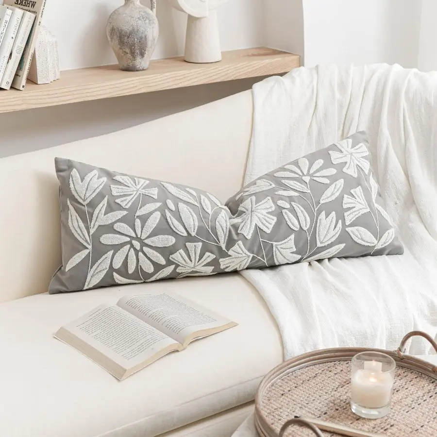 

Чехол для поясничной подушки 14x36 для кровати, светло-серая прямоугольная длинная наволочка, вышитая бархатная с цветочным узором, в стиле фермерского дома