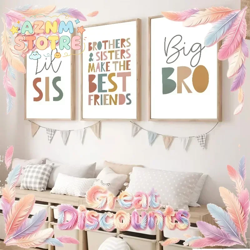 Cartoon Cute Kids Big Brother Sister Kindergarten Wall Art Poster Children Boys Girls Playroom Bedroom Home Decor Wall Art