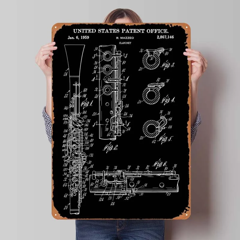 1959 Clarinet Patent Sign Music Poster Gaming Room Decoration Metal Sign Plaque for Wall Art Decoration Decorative Metal Plates