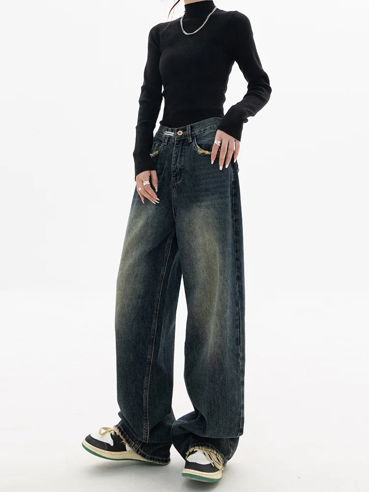 Y2K Women Vintage Streetwear Korean Baggy Blue Jeans High Waist Straight Wide Leg Pants Denim Trousers Fairy Grunge Alt Clothes