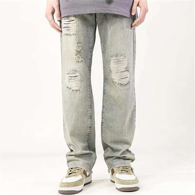 

High Street Jeans Men's Solid Color Wash Hole Furred Hem Straight Pants Button Pocket Loose Y2K Trousers A163