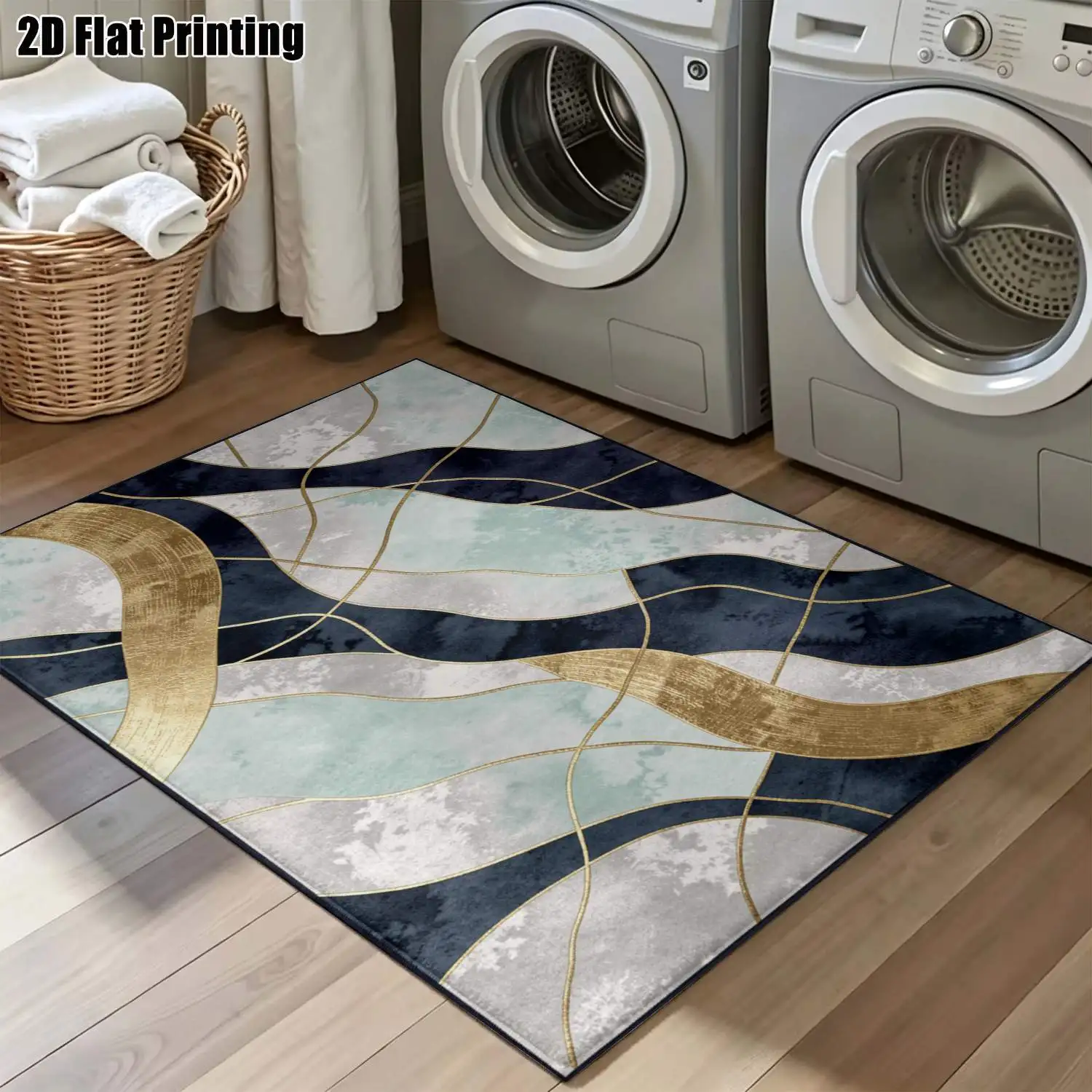 1Pc 2D Printed Carpet: Gold Foil Blue-Grey Abstract Line Modern Minimalist Nordic Instagram Style Home Decor Carpet, Multi-Size, Machine Washable, for Entrance, Dining, Bedroom, Study, Living Room