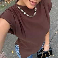 Talenza Fashion Sleeveless T-Shirt Women's Sexy Irregular Pleated Cropped Top 2025 Summer Woman Pullover Round Neck Vest T-Shirt