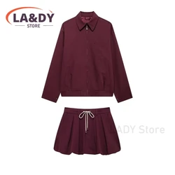 Sets Women 2024 Autumn Fashion Long Sleeves Zipper Pocket Jacket Coat + Solid Color Lace-Up Casual Skirts Suit Female