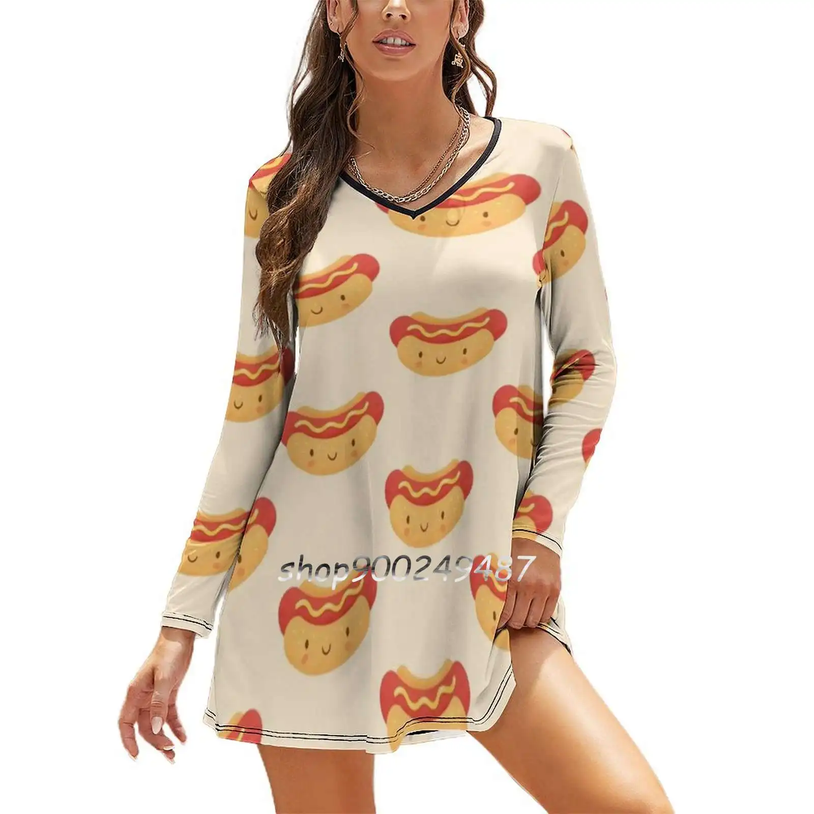 Happy Hot Dog Dresses For Women A-Line Korea Style Slim Long Sleeve Dress Hot Dog Kawaii Food Foodie Eat Diet Yum Yummy Nomnom