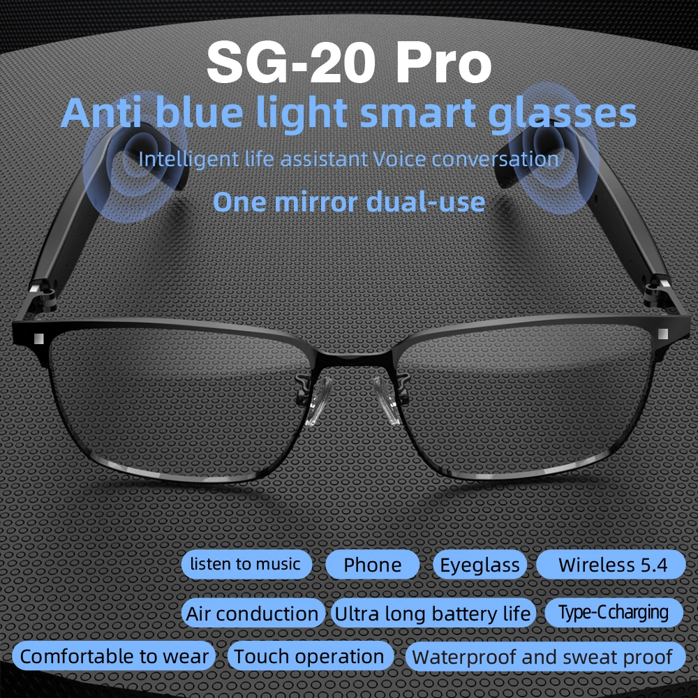 New SG-20 Pro Smart Glasses Wireless Call Music Playback Full Frame Sunglasses With Blue Light UV Protection Waterproof Glasses