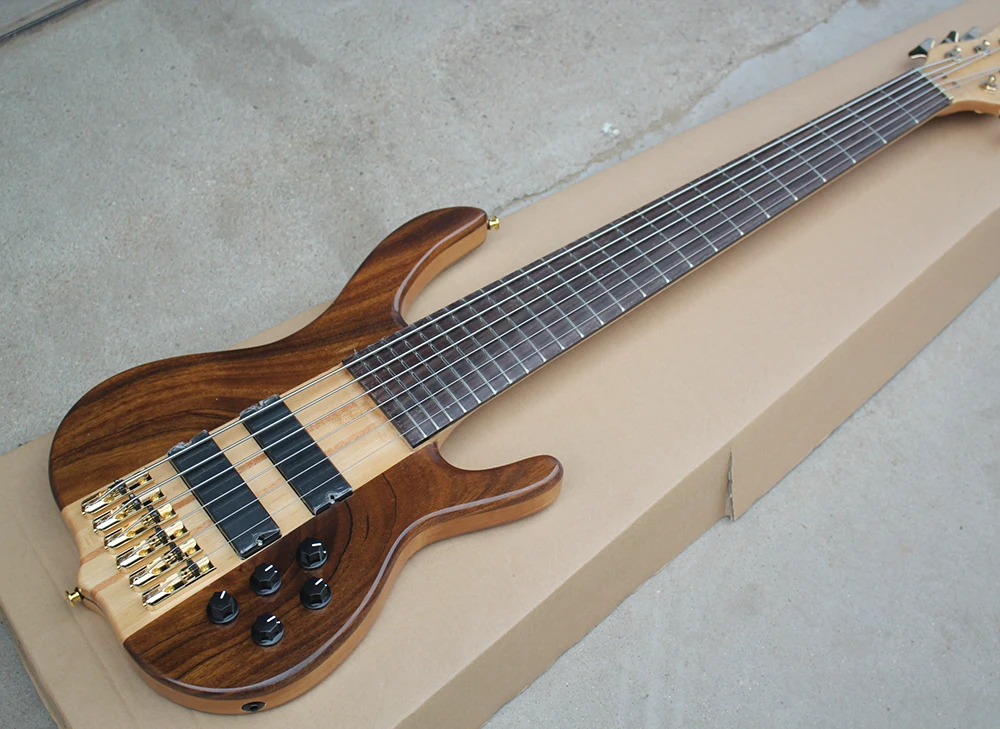 Flyoung 6 Strings Brown Body Electric Bass Guitar with Active Pickups,Gold Hardware,Offer Customize