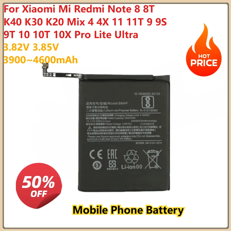 Mobile Phone Battery 3900~4600mAh For Xiaomi Mi Redmi Note 8 8T K40 K30 K20 Mix 4 4X 11 11T 9 9S 9T 10 10T 10X Pro Lite Ultra