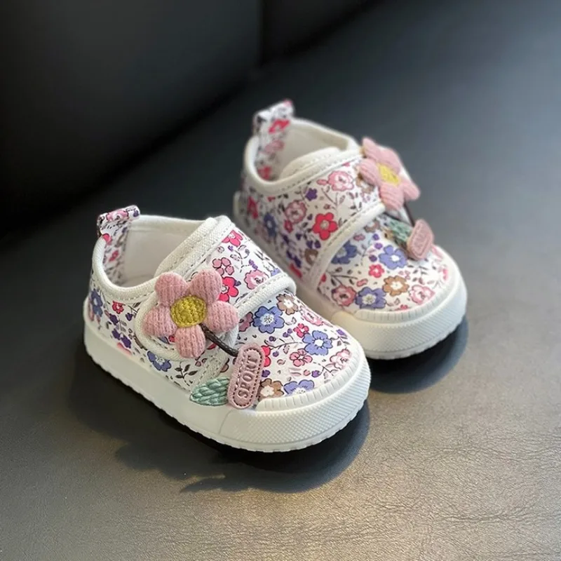 Girls' First Walking Shoes for Toddlers 1-3 Years Floral Pattern Soft Sole Cloth Sneakers Spring Summer Comfortable Baby Shoes