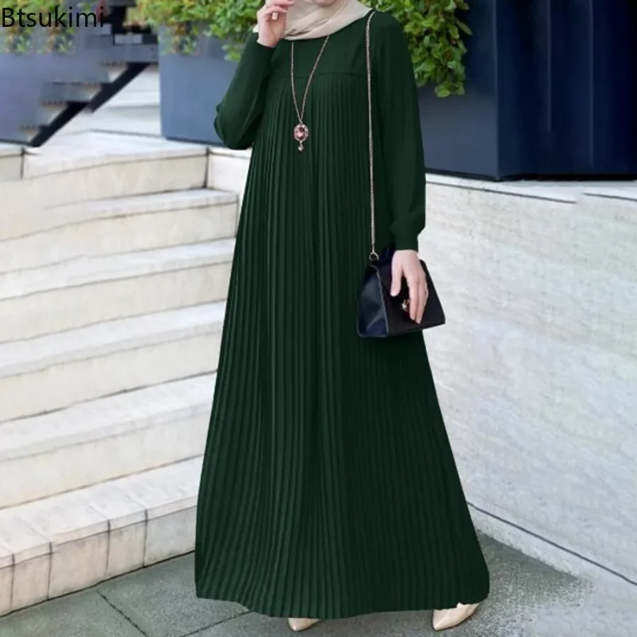 Ramadan festa dubai abaya feminino elegante vestidos de noite sólido plissado caftan robe muçulmano maxi vestido para mulheres vestidos muçulmanos