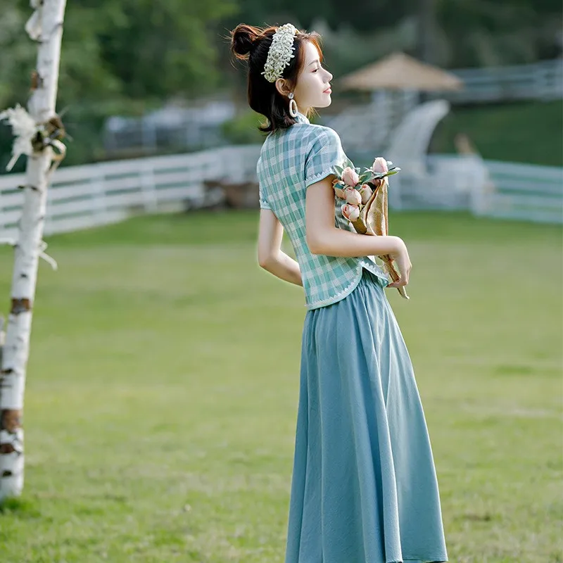 Faionable Retro Cotton  Set Girl's Improved Hanfu Dr Two-Piece Suit Summer 2025 New Arrival Ladies' Clothing