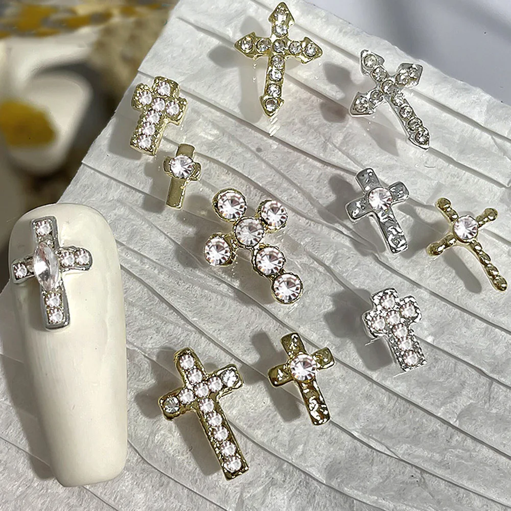 10pcs Full Glitter Cross Nail Charm 3D Classic Punk Gold/silver Cross Diamond Nail Decoration Luxury Glitter Cross Nail Jewelry