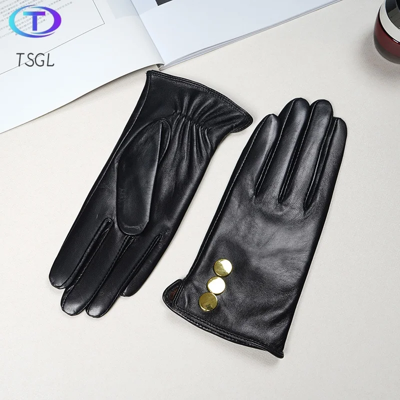 Gold Button Real Genuine Leather Gloves Women Warm Black Sheep Skin Winter Girls Real Leather Glove Driving Warm Ladies Glove