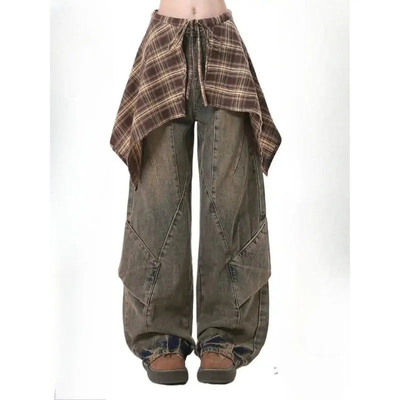 

Women Blue Jeans with Skirt Harajuku Vintage Baggy Denim TrousersStyle Oversize Jean Long Pants Clothes New
