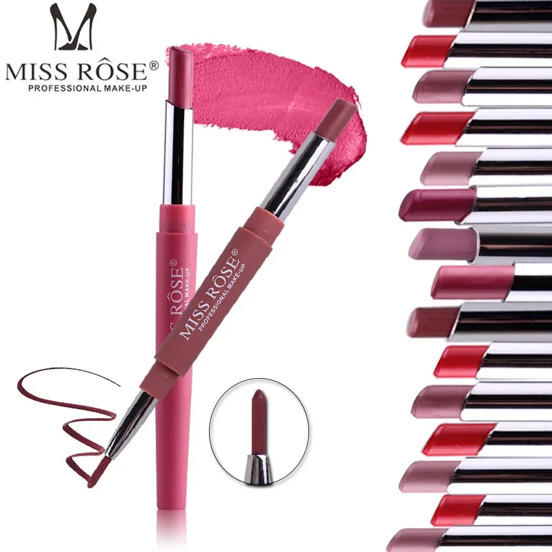 MISS ROSE-lápiz labial multifunción de doble punta, con lápiz labial, delineador de labios, práctico y elegante, resistente al agua