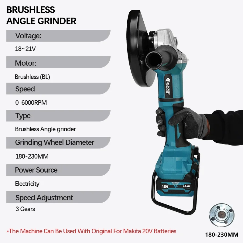 EG 180 mm bürstenloser großer Winkelschleifer, batteriebetrieben, 3 Gänge, kabellose Schleifmaschine, Schneiden, Holzbearbeitungswerkzeug für Makita 18 V