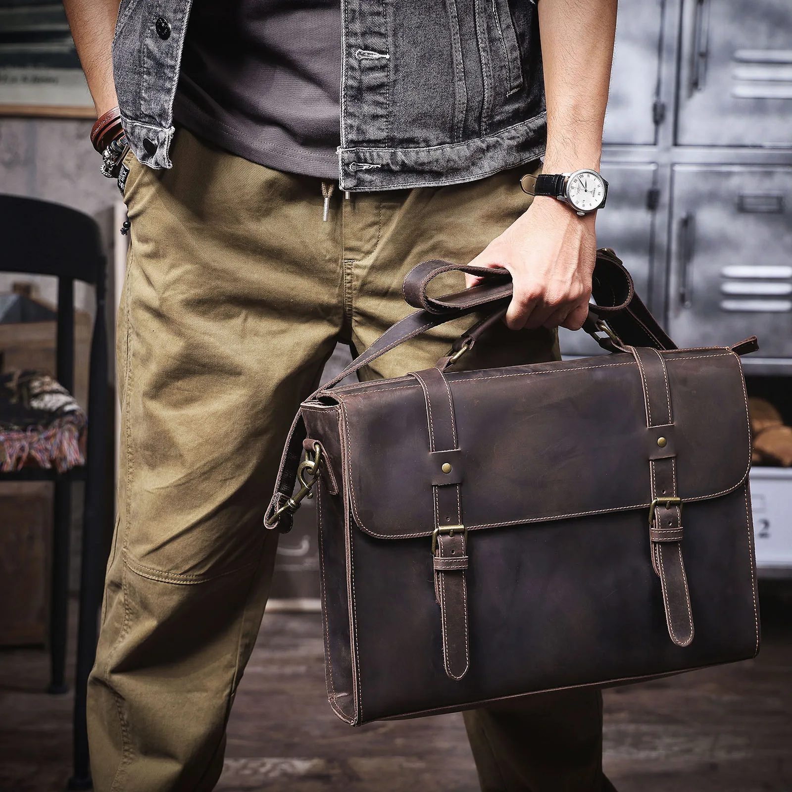 S.WORKER Vollnarbenleder 15" Laptop-Aktentasche Echtleder Herren Büro-Handtasche Messenger-Tasche Business-Bürotasche – Detail 5
